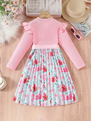 Girls Floral Print Pleated Casual Long Sleeve Dress For Spring & Autumn