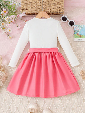 Girls Floral Print Princess Dress With Ruffle Hem, Long Sleeve, Round Neck, Includes Belt - Children Clothing