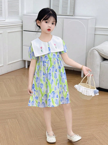 Girls' Floral Print Puff Sleeve Embroidered Dress, Children Clothing