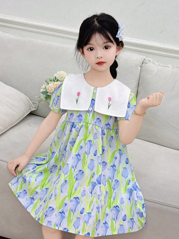 Girls' Floral Print Puff Sleeve Embroidered Dress, Children Clothing