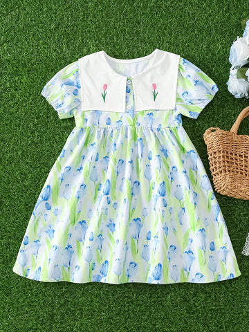 Girls' Floral Print Puff Sleeve Embroidered Dress, Children Clothing