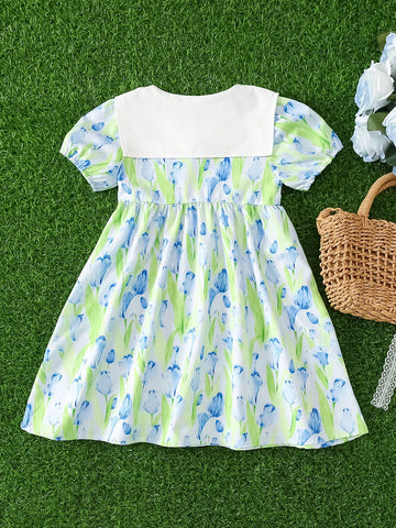 Girls' Floral Print Puff Sleeve Embroidered Dress, Children Clothing