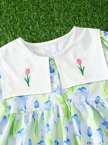 Girls' Floral Print Puff Sleeve Embroidered Dress, Children Clothing