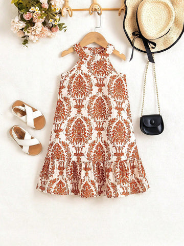 Girls Floral Print Ruffle Hem A-Line Sleeveless Dress, Summer Holiday Beach Vacation