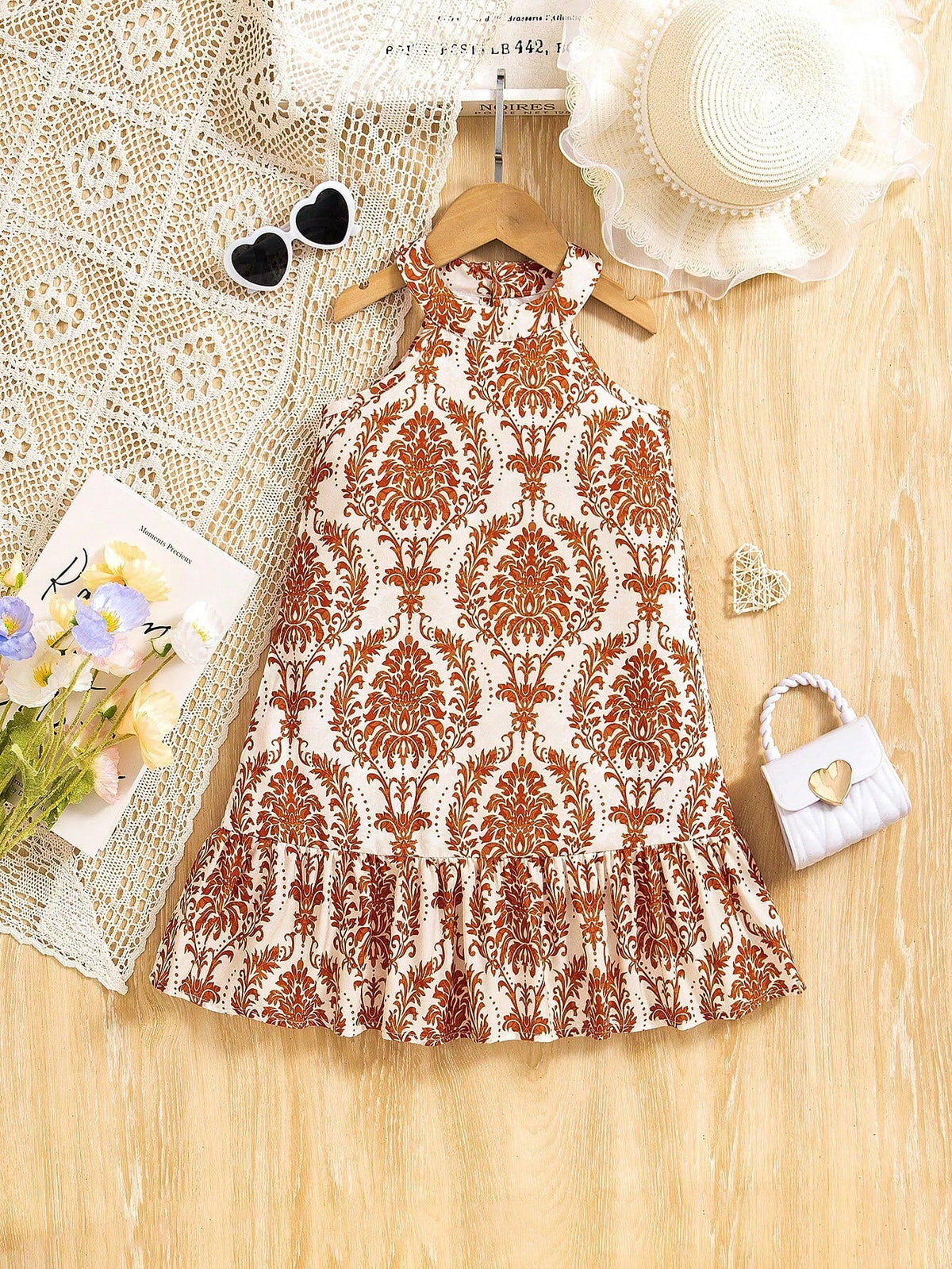 Girls Floral Print Ruffle Hem A-Line Sleeveless Dress, Summer Holiday Beach Vacation