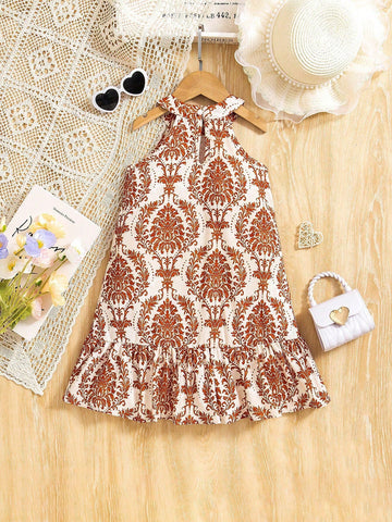 Girls Floral Print Ruffle Hem A-Line Sleeveless Dress, Summer Holiday Beach Vacation