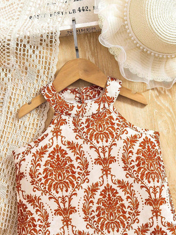 Girls Floral Print Ruffle Hem A-Line Sleeveless Dress, Summer Holiday Beach Vacation