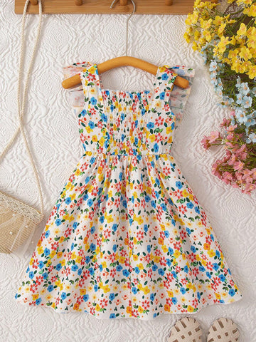 Girls' Floral Print Ruffle Hem Dress