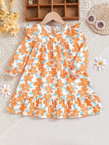 Girls Floral Print Ruffle Hem Long Sleeve Dress, Suitable For Spring And Autumn
