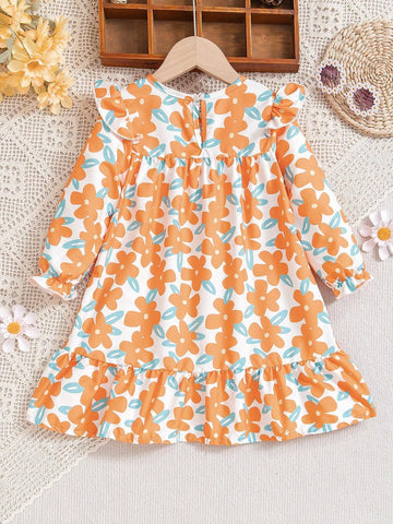 Girls Floral Print Ruffle Hem Long Sleeve Dress, Suitable For Spring And Autumn