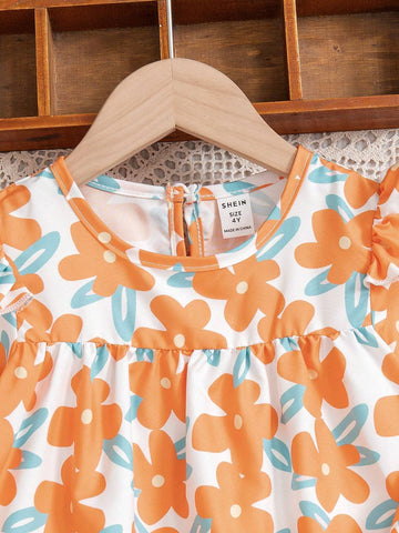 Girls Floral Print Ruffle Hem Long Sleeve Dress, Suitable For Spring And Autumn