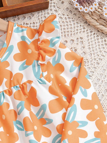 Girls Floral Print Ruffle Hem Long Sleeve Dress, Suitable For Spring And Autumn