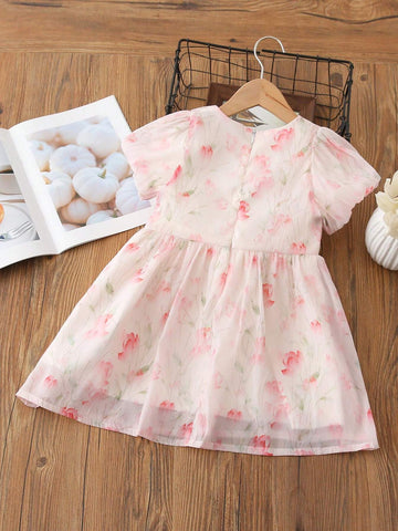 Girls' Floral Print Short Sleeve Summer Dress With Round Neck
