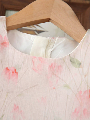 Girls' Floral Print Short Sleeve Summer Dress With Round Neck