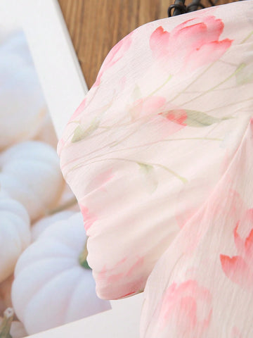 Girls' Floral Print Short Sleeve Summer Dress With Round Neck