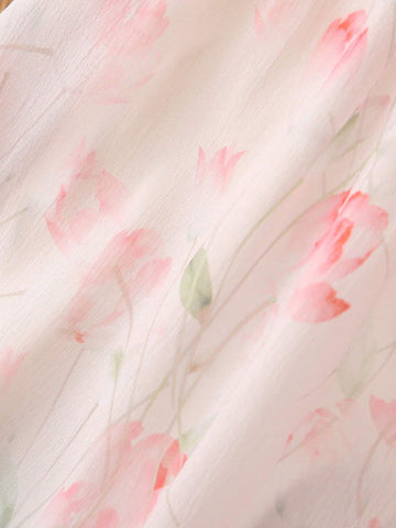 Girls' Floral Print Short Sleeve Summer Dress With Round Neck