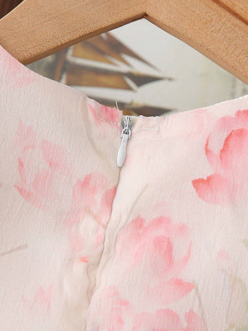 Girls' Floral Print Short Sleeve Summer Dress With Round Neck