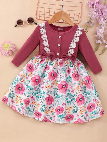 Girls Floral Print Splice Bow Decor Long Sleeve Casual Dress