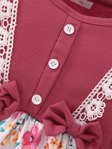 Girls Floral Print Splice Bow Decor Long Sleeve Casual Dress