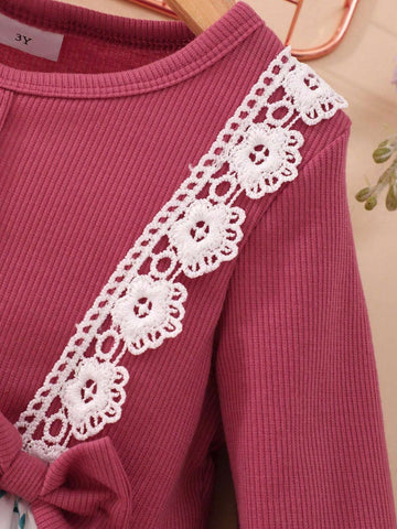 Girls Floral Print Splice Bow Decor Long Sleeve Casual Dress