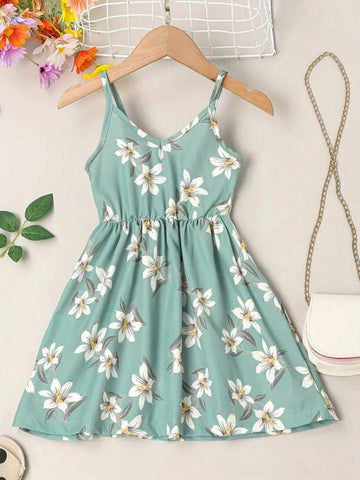Girls' Floral Printed Casual V-Neck And Elastic Waistband Dress