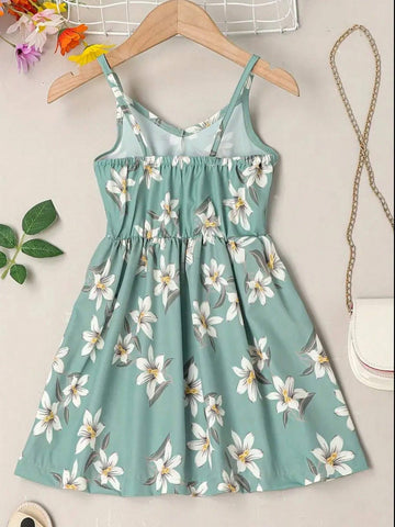 Girls' Floral Printed Casual V-Neck And Elastic Waistband Dress