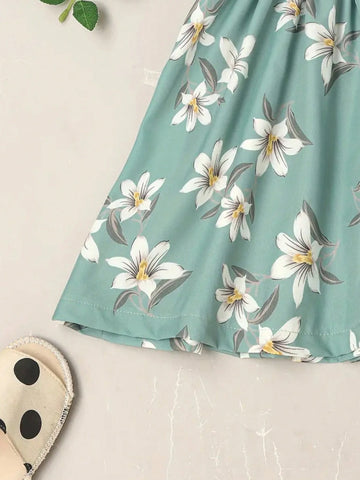 Girls' Floral Printed Casual V-Neck And Elastic Waistband Dress
