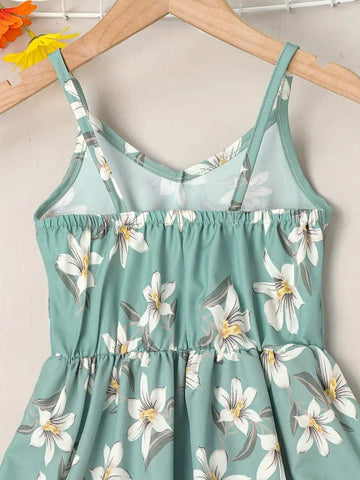 Girls' Floral Printed Casual V-Neck And Elastic Waistband Dress