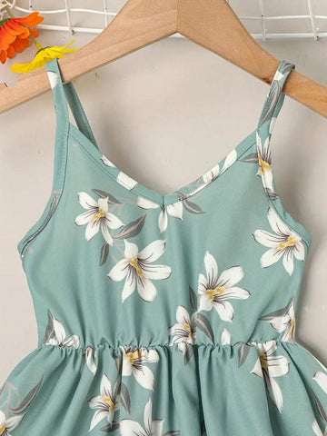 Girls' Floral Printed Casual V-Neck And Elastic Waistband Dress