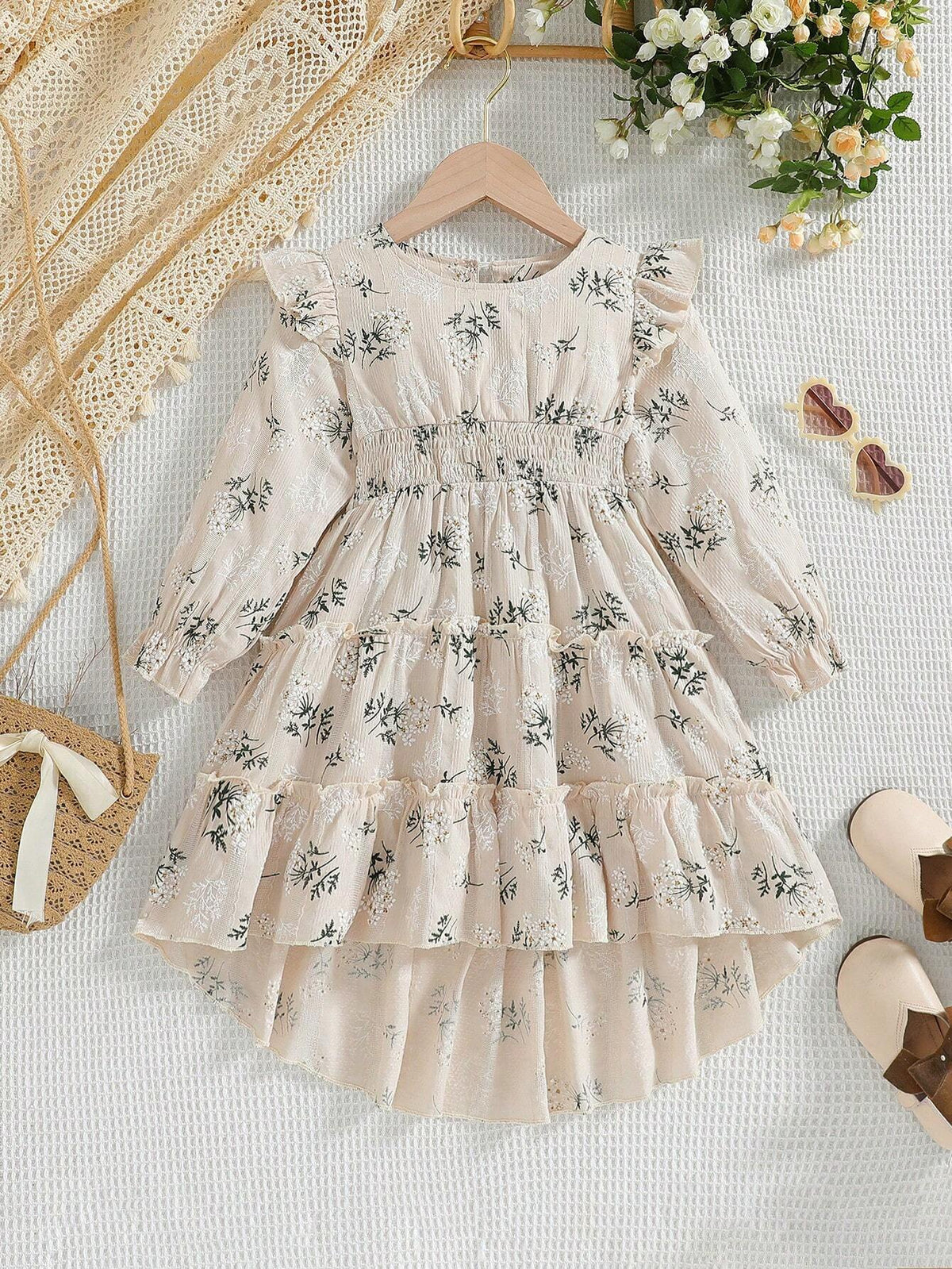 Girls' Floral Printed Dress, Spring&Fall, Elegant Style