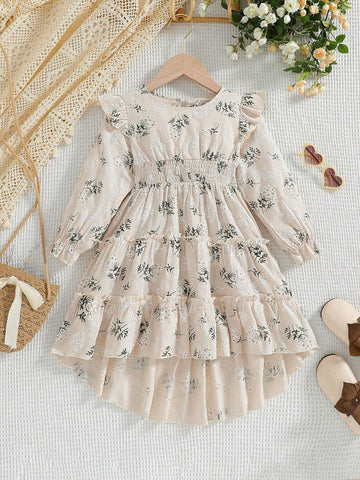 Girls' Floral Printed Dress, Spring&Fall, Elegant Style