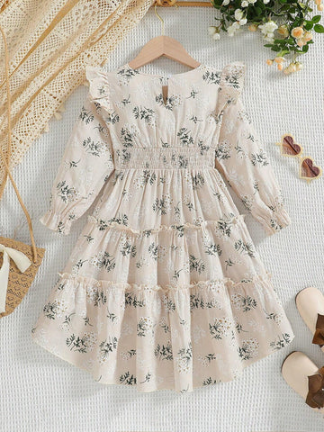 Girls' Floral Printed Dress, Spring&Fall, Elegant Style