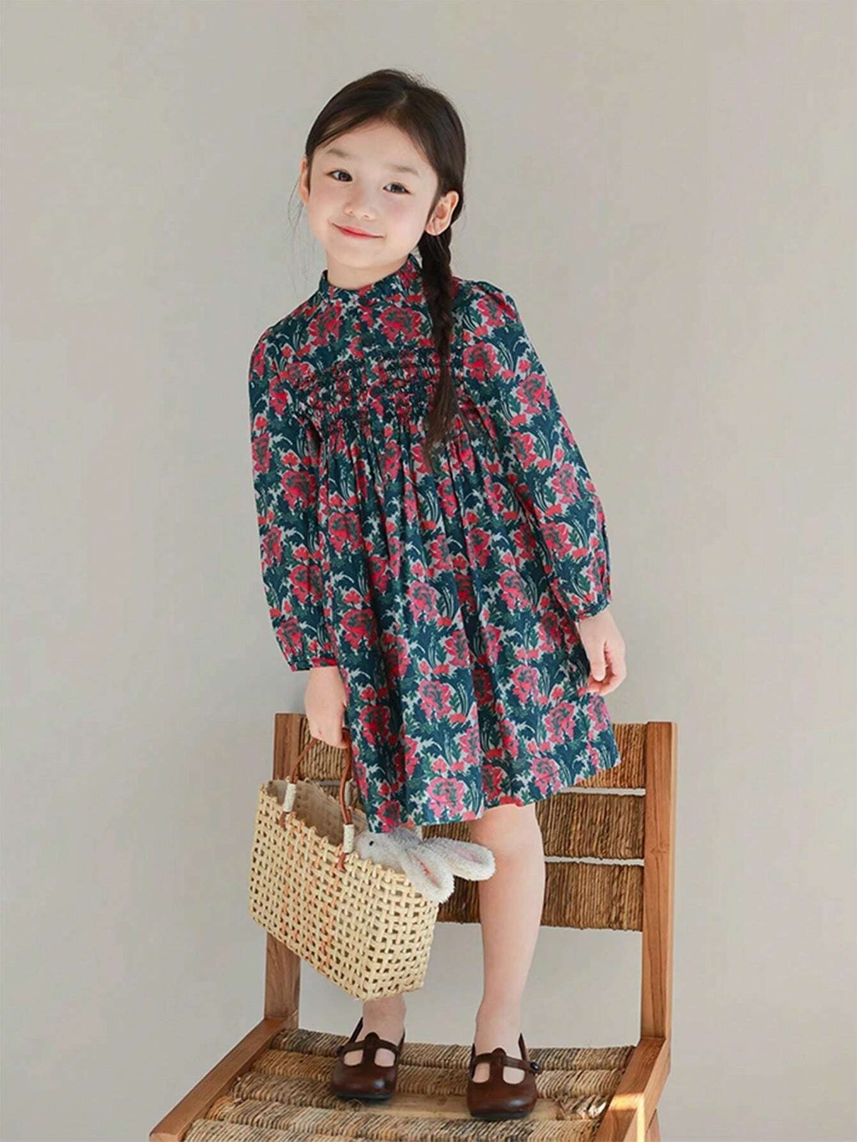 Girls Floral Printed Puff Sleeve Dress, Cute & Sweet, Suitable For Autumn & Winter