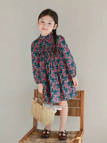 Girls Floral Printed Puff Sleeve Dress, Cute & Sweet, Suitable For Autumn & Winter