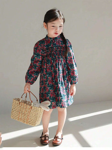 Girls Floral Printed Puff Sleeve Dress, Cute & Sweet, Suitable For Autumn & Winter