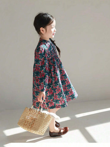 Girls Floral Printed Puff Sleeve Dress, Cute & Sweet, Suitable For Autumn & Winter