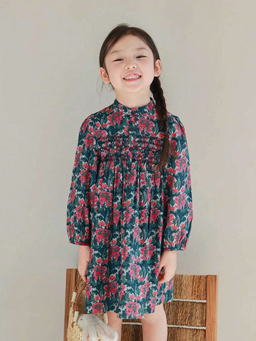 Girls Floral Printed Puff Sleeve Dress, Cute & Sweet, Suitable For Autumn & Winter