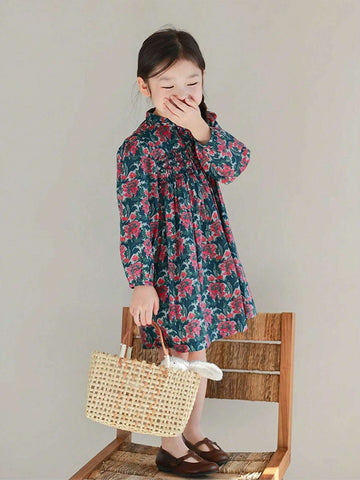 Girls Floral Printed Puff Sleeve Dress, Cute & Sweet, Suitable For Autumn & Winter