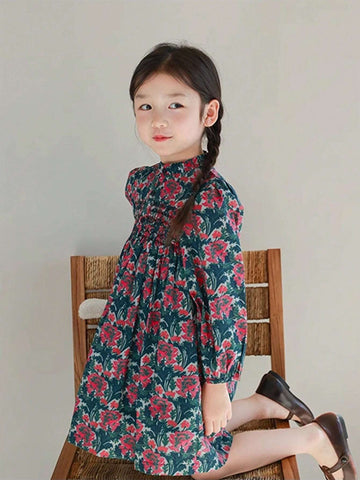Girls Floral Printed Puff Sleeve Dress, Cute & Sweet, Suitable For Autumn & Winter