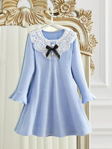 Girls' Floral Ruffle Collar Long Sleeve Bowknot Waist A-Line Dress, Elegant Solid Color Series For Spring & Autumn