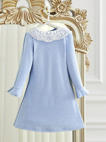 Girls' Floral Ruffle Collar Long Sleeve Bowknot Waist A-Line Dress, Elegant Solid Color Series For Spring & Autumn