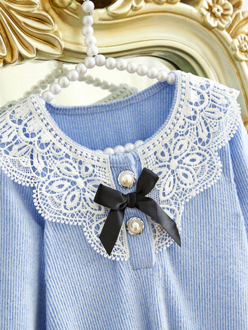 Girls' Floral Ruffle Collar Long Sleeve Bowknot Waist A-Line Dress, Elegant Solid Color Series For Spring & Autumn