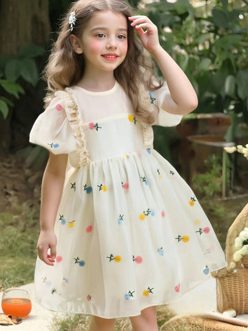 Girls' Floral Sheer Tulle Summer Dress, Children's Stylish 3D Embroidered Puff Sleeve Princess Dress