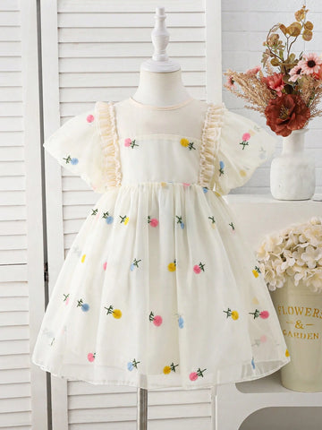 Girls' Floral Sheer Tulle Summer Dress, Children's Stylish 3D Embroidered Puff Sleeve Princess Dress