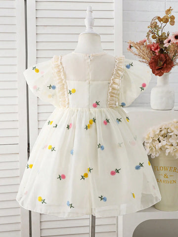 Girls' Floral Sheer Tulle Summer Dress, Children's Stylish 3D Embroidered Puff Sleeve Princess Dress