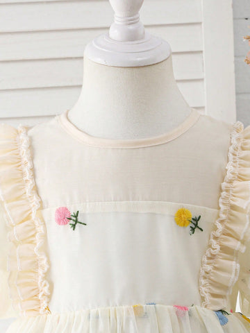 Girls' Floral Sheer Tulle Summer Dress, Children's Stylish 3D Embroidered Puff Sleeve Princess Dress