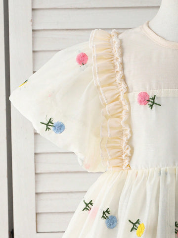 Girls' Floral Sheer Tulle Summer Dress, Children's Stylish 3D Embroidered Puff Sleeve Princess Dress