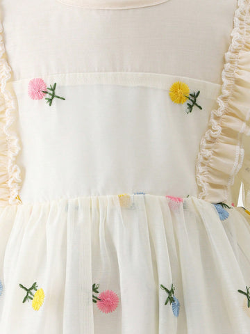 Girls' Floral Sheer Tulle Summer Dress, Children's Stylish 3D Embroidered Puff Sleeve Princess Dress