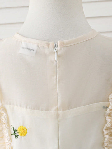 Girls' Floral Sheer Tulle Summer Dress, Children's Stylish 3D Embroidered Puff Sleeve Princess Dress