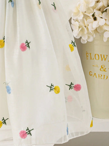 Girls' Floral Sheer Tulle Summer Dress, Children's Stylish 3D Embroidered Puff Sleeve Princess Dress